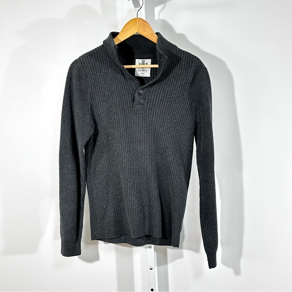 Express Men’s Ribbed Cotton Shawl Collar Sweater – Charcoal Gray – Size M